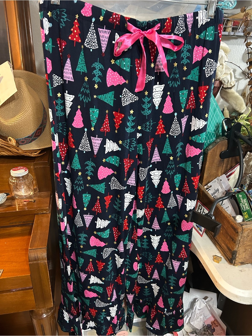 Cato Women's Black Holiday Tree Print Pajama Pants with Pink Bow